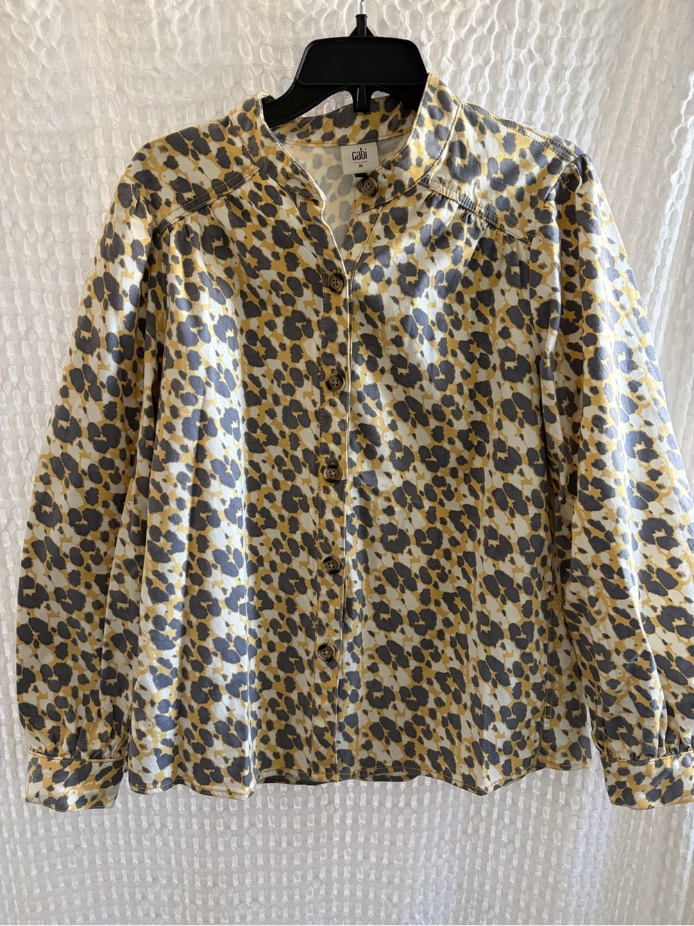 CAbi Yellow and Gray Leopard Print Button-Front Top